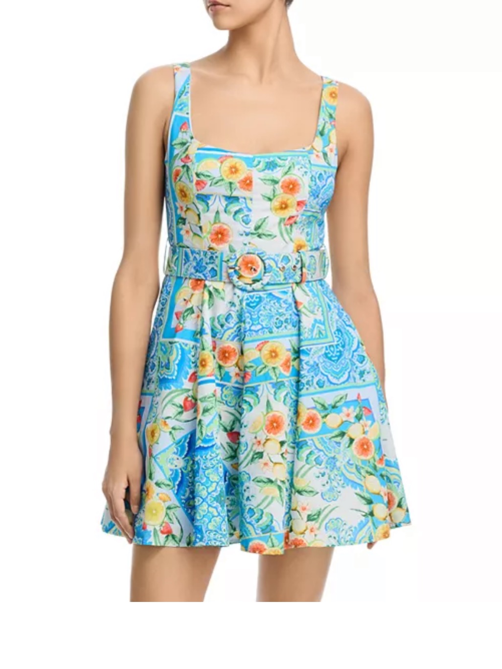 Aqua Blue Floral Square-Neck Mini Dress With Belt